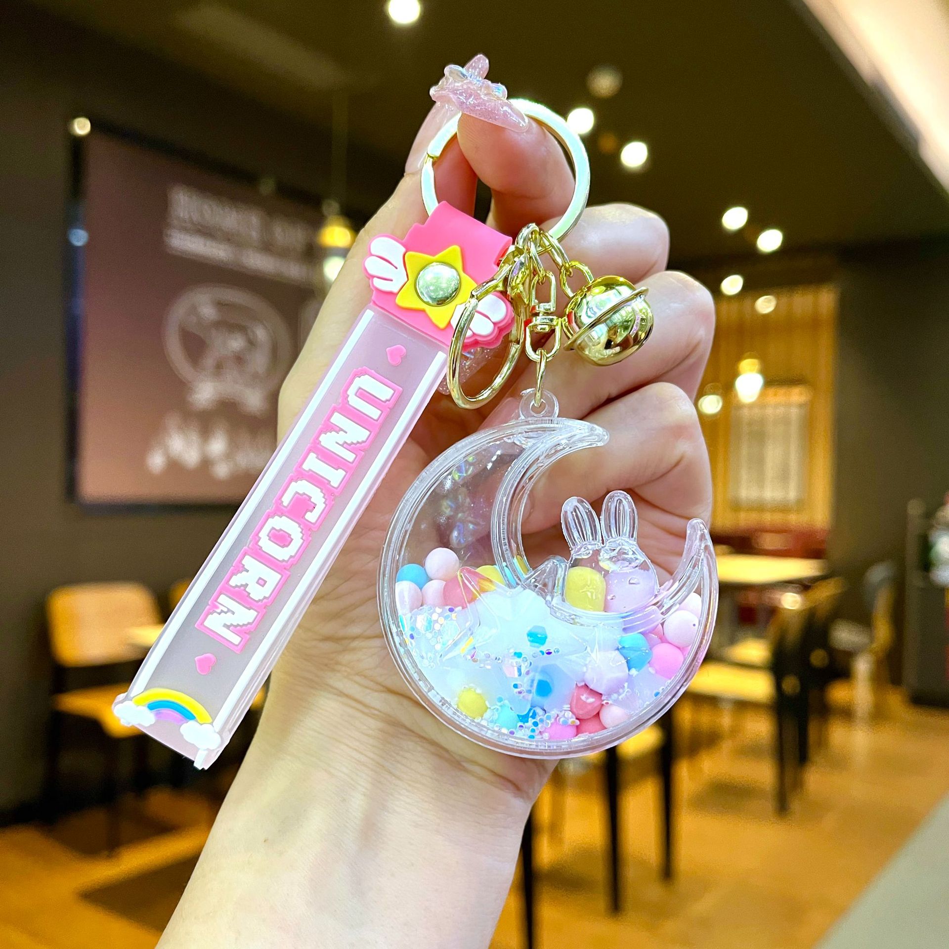 Nuevo llavero de dados luminosos con aceite, cuentas de burbujas, dados, colgantes de botella de arena de cristal, colgantes de bolsas al por mayor