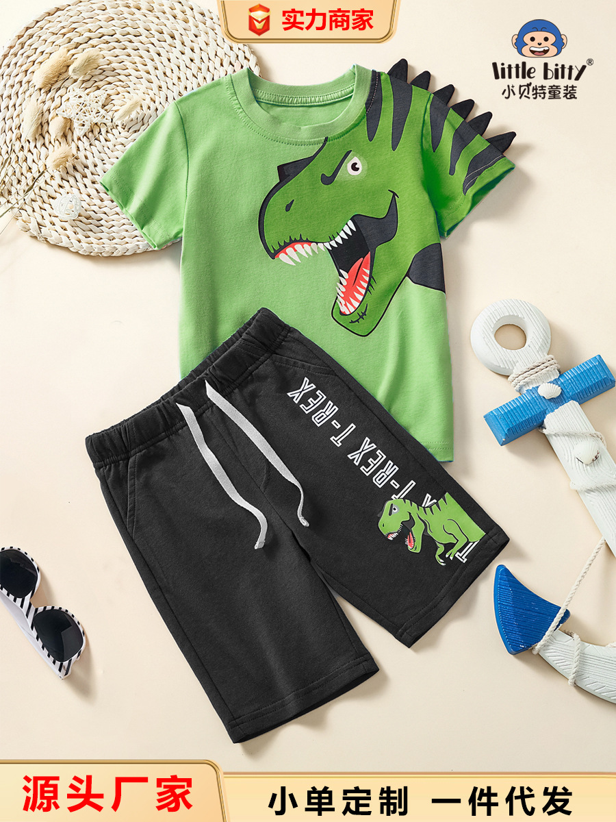 2025 New Summer Style Boys' Short-Sleeved Shorts Two-Piece Set Kidsren's Cartoon Dinosaur Personalized Style Suit