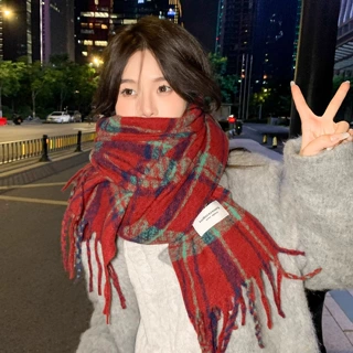 围巾女冬季高级感韩版格子百搭保暖氛围感红色围脖披肩仿羊绒围巾