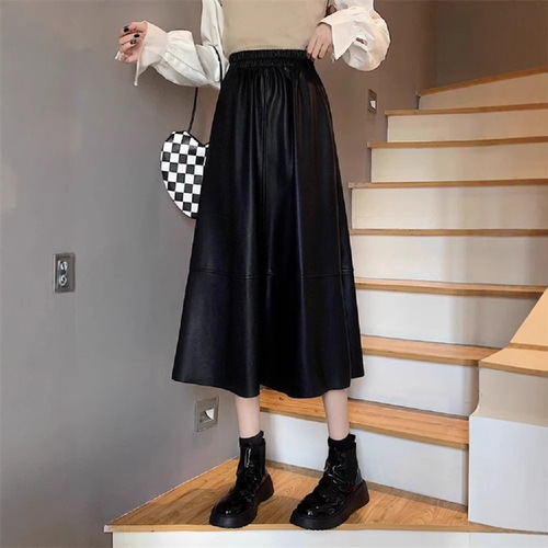 Designers' Black Medium-Length PU Leather Skirt for Women Autumn and Winter Plus Size Heavyset MM High-Waist Slimming Umbrella Skirt Elegant Semi-Body Skirt