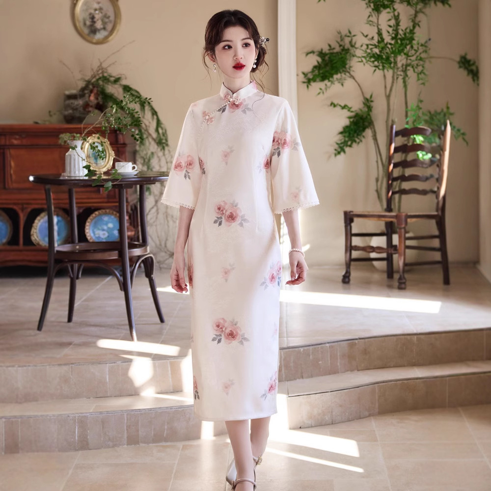 Elegant Pink Cheongsam Daily Wear Chinese Style Womens Floral Print Qipao  Dress | eBay