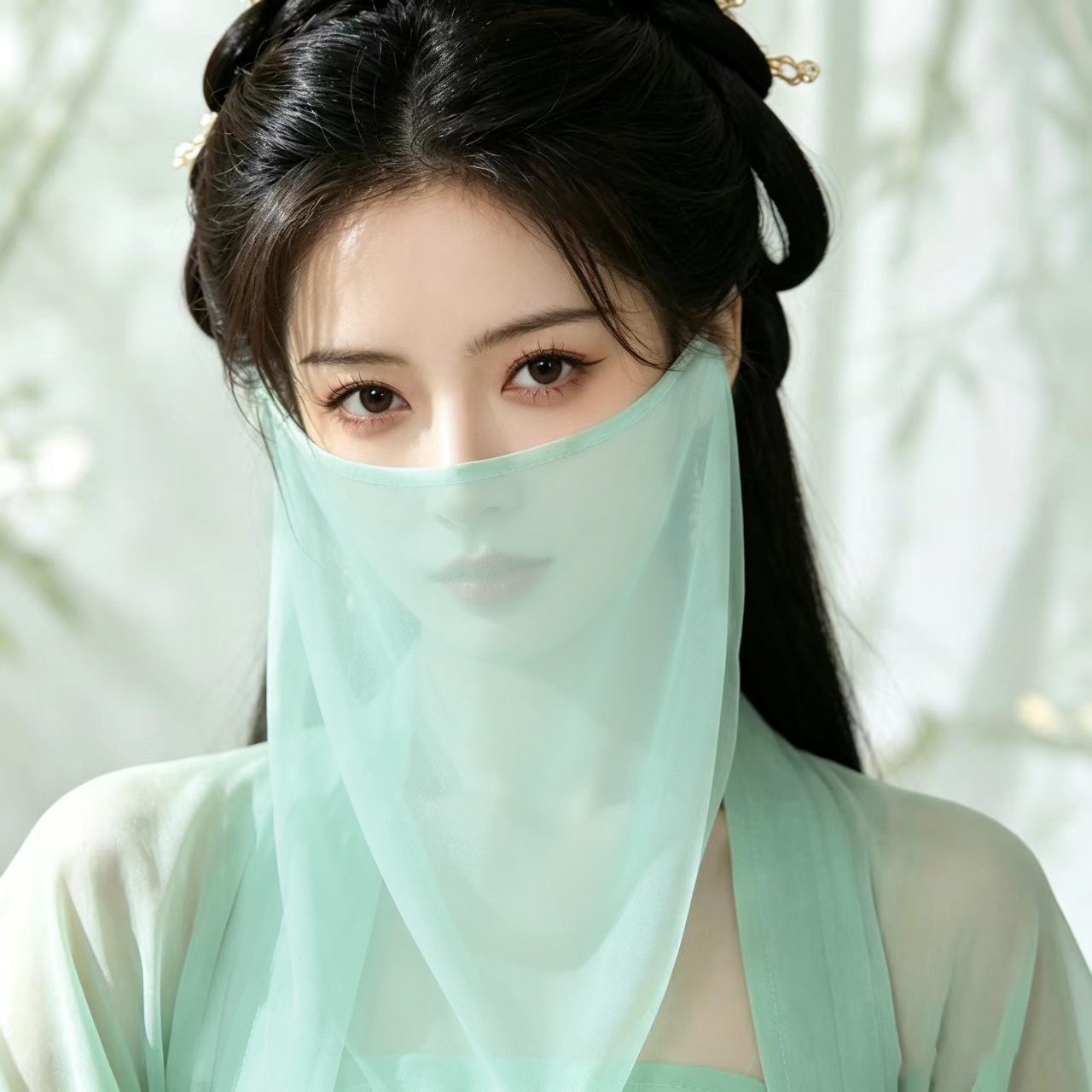 Ancient-style bell veil with a cool and ethereal aura, Hanfu solid color face curtain, Chinese-style half-face veil, thin style