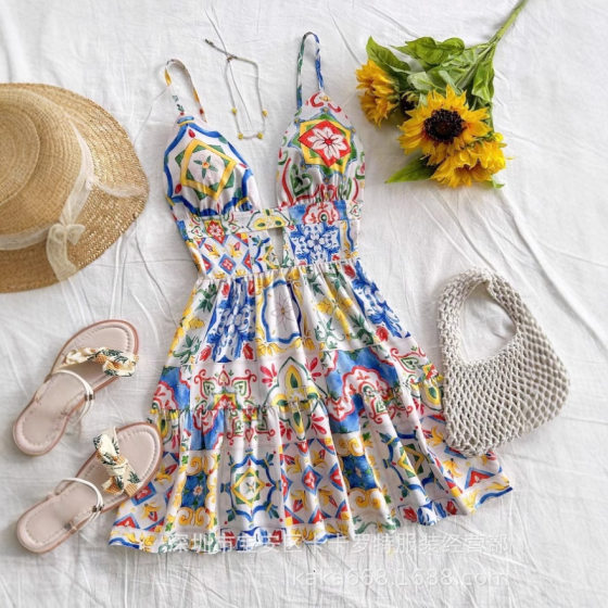 2025 European and American Cross-border SHEIN Summer New Loose Casual Women's Sling Digital Printing dress Dazy