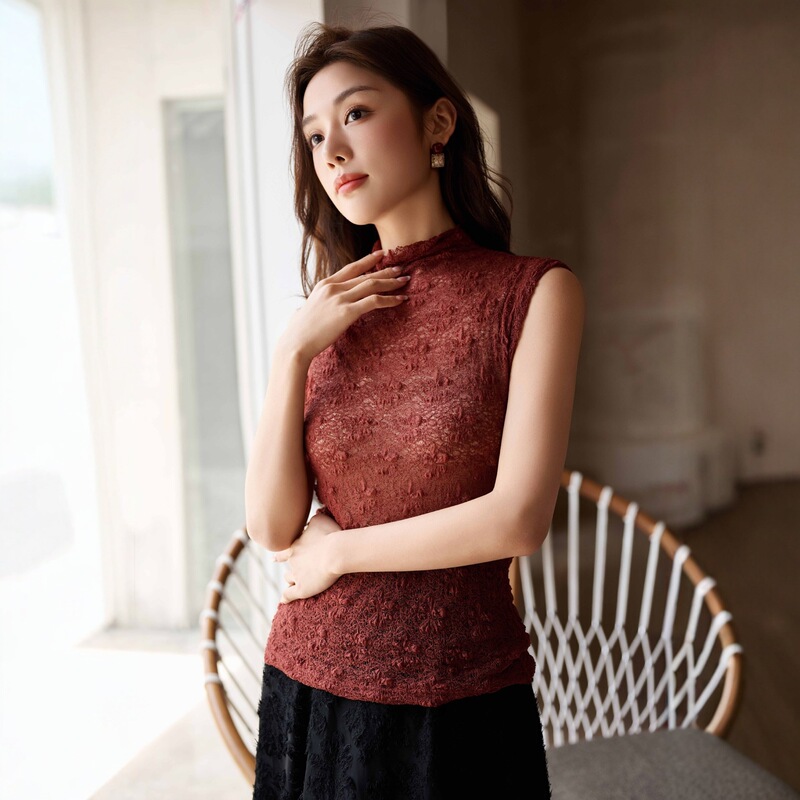 Half-High Collar Sleeveless Lace Top Slim Fit Tank Top Versatile Base Layer Women's French Lace Jacquard Half-High Collar Sleeveless Lace Top Slim Fit Tank Top Versatile Base Layer Women's French Lace Jacquard