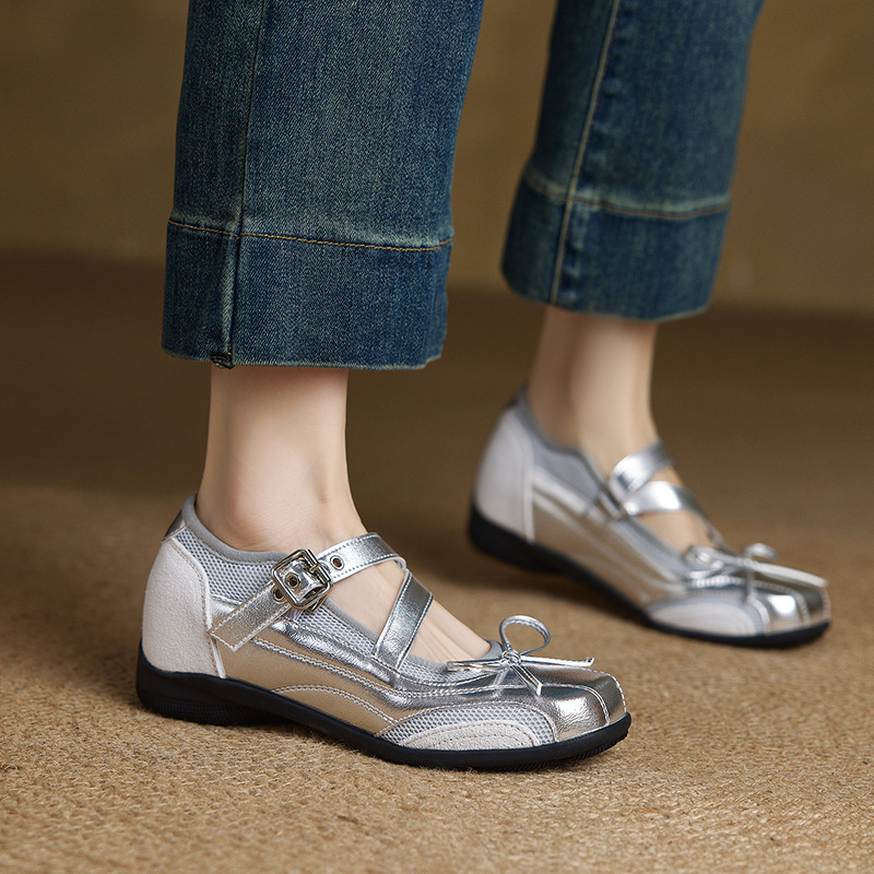 2026 New Retro Silver Genuine Leather Thick-Soled Bowknot Height-Increasing Ballet-Style Casual Mary Jane Women's Shoes