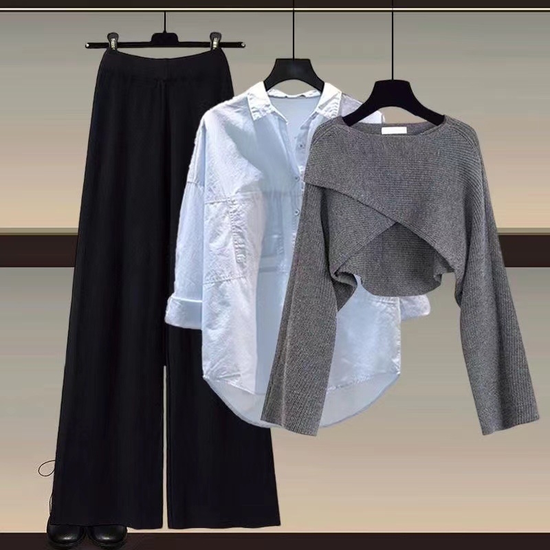 GraceChic Strickpullover, Hemd und weite Hose, dreiteiliges Set, Herbst/Winter-Outfit 2024, Damenmode in großen Größen_voghion.com