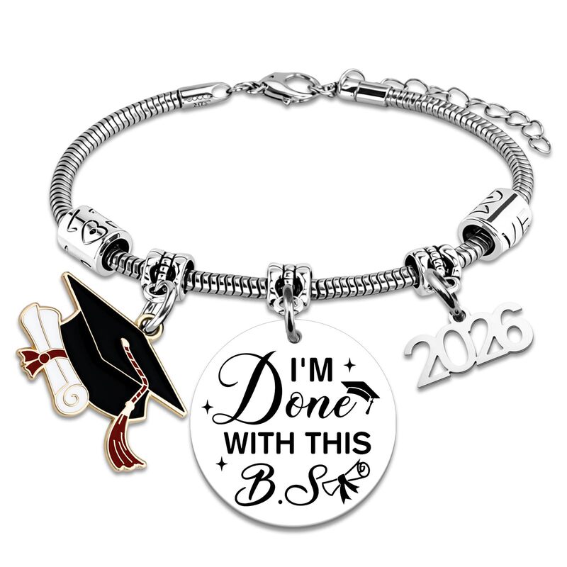 Graduation Season Gift Bracelet with Round Plate Engraved with Text, Doctor's Cap Pendant, Snake Bone Chain Bracelet, 2026 Graduation Season Round Plate Bracelet