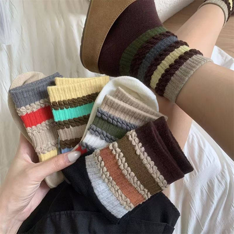 Women's Autumn and Winter Retro Slouch Socks with Rainbow Stripes, Mid-Calf Socks, Korean Style Ins College Style Long Socks, Breathable Loose Top
