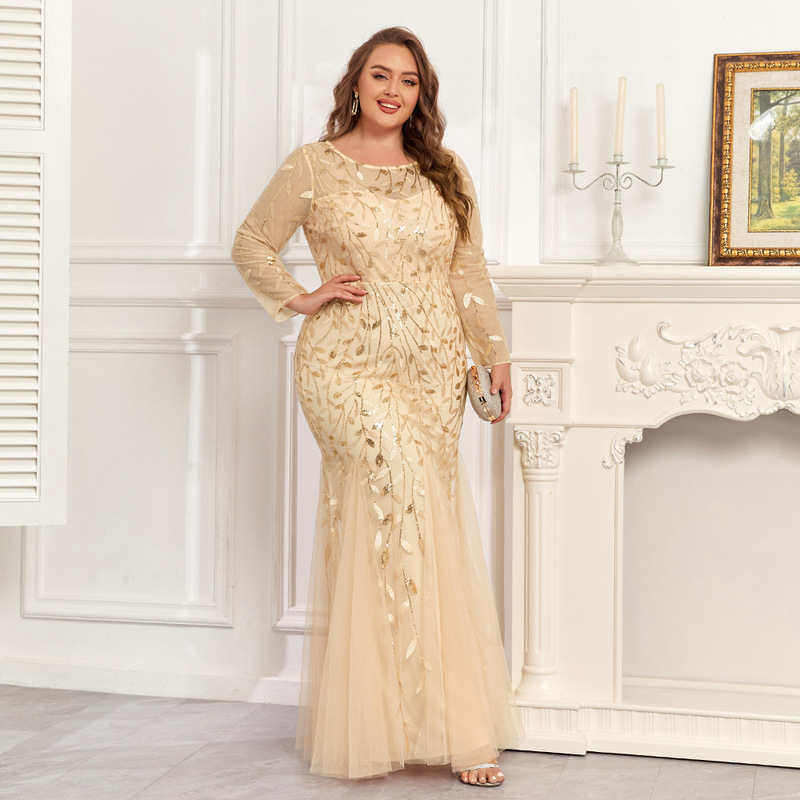 Plus Size 2026 European and American Cross-Border Best-Selling Long-Sleeve Round-Neck Fully Lined Back-Zip Fishtail Long Dress Embroidered Evening Gown