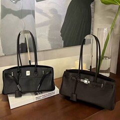 新商品ロング手提げプラチナバッグシルバーバックルトップ層牛革ファッションシングルショルダーバッグロック本革女性カバンハンドバッグ