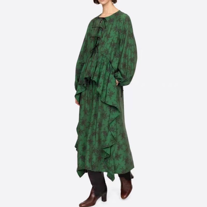 New York Retro 2025 New Style French Print Green Lace-Up Asymmetrical Ruffled Long-Sleeved Dress for Women