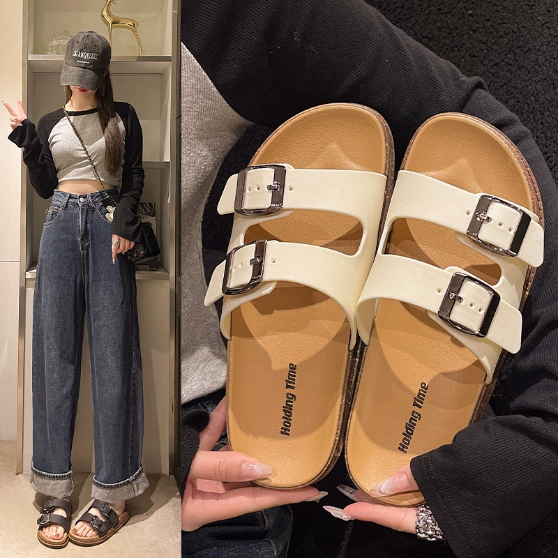 Тапочки Birkenstock для женщин, летняя верхняя одежда 2025 новый стиль, ленивые мягкая подошва, толстая подошва, плоские пляжные тапочки большого размера