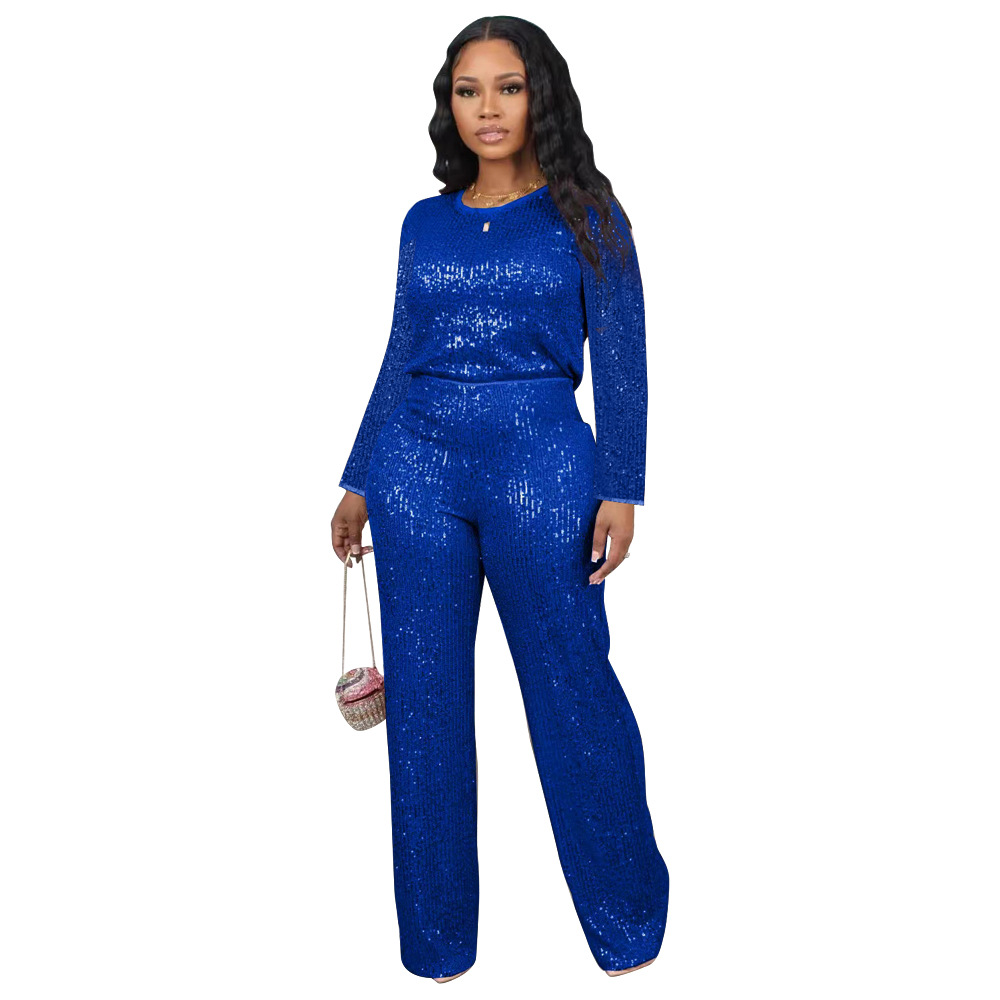 Women's Clothing new sequined solid color long sleeved trousers two piece set_voghion.com