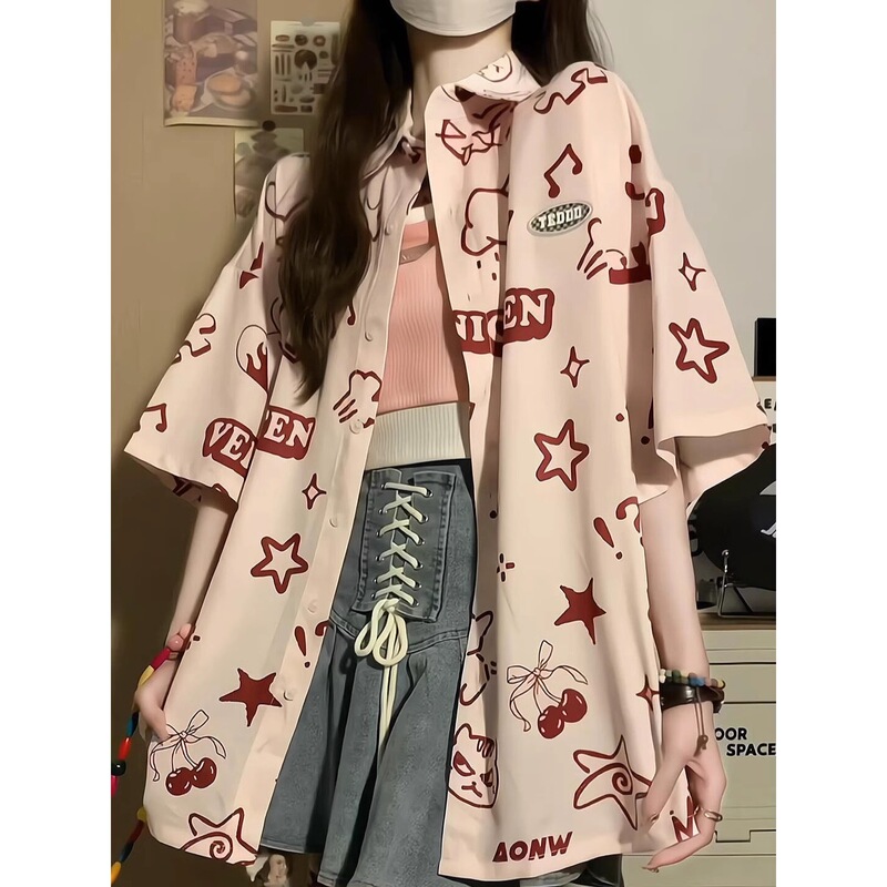 National Trend Full-Print Cartoon Star Pink Short-Sleeved Shirt for Women Summer College Style Cute Casual Versatile Half-Sleeved Top