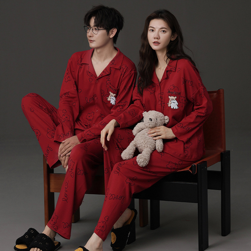 커플 잠옷녀 가을겨울 카디건 터틀넥 긴소매남 대홍명 년외 가정복 정장 결혼 결혼