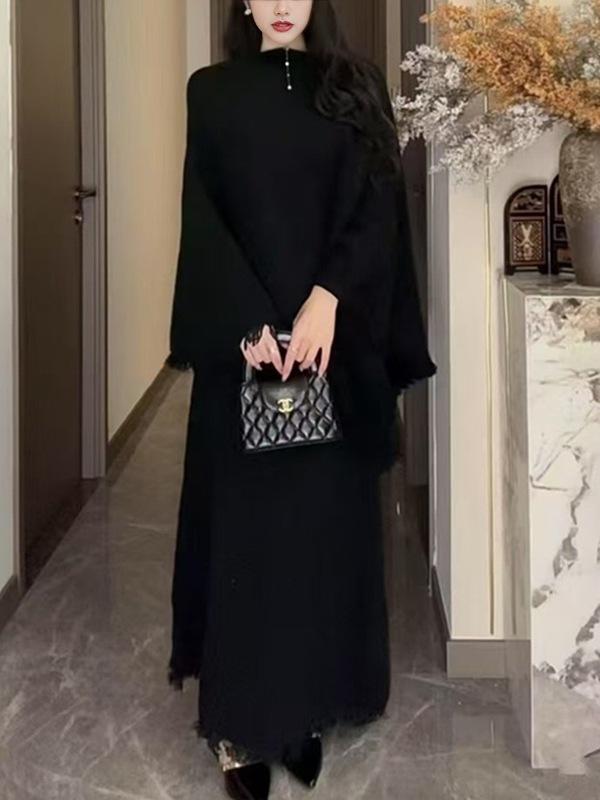 跨境针织套装女2025秋冬新款气质流苏一字肩上衣+高腰半裙两件套|undefined