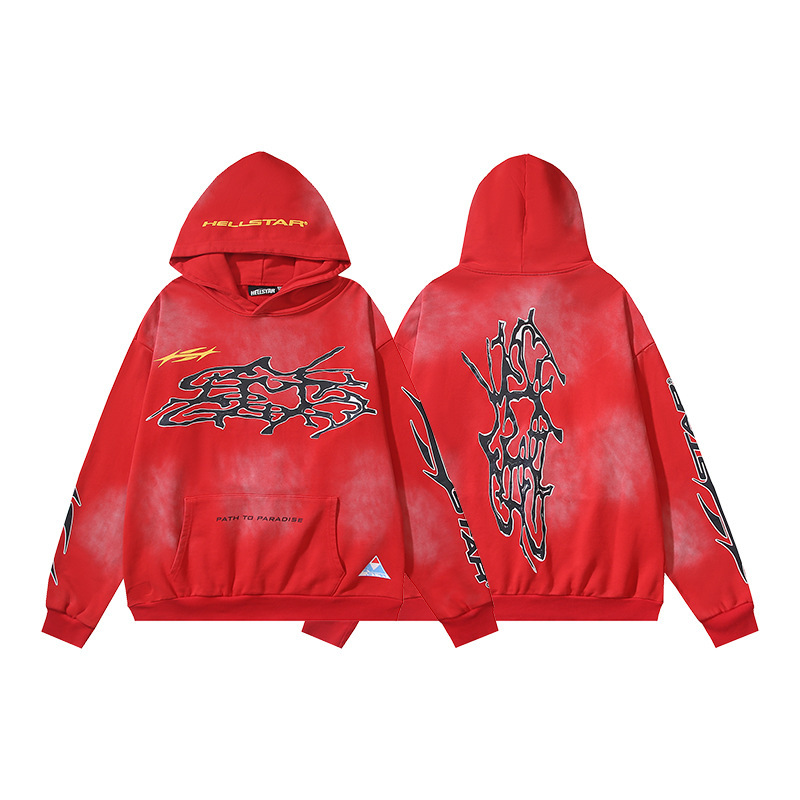 Hellstar ヨーロッパとアメリカのトレンディなブランド、ハイストリート、レトロ、ウォッシュド、ダメージ加工、プリント、ストリート、ルーズフィットのパーカー、男性用と女性用のスウェットシャツ|undefined