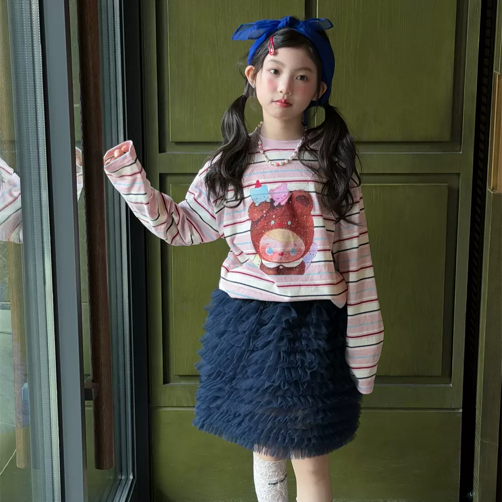 花与寻女童长袖T恤2026年春款条纹亲肤卡通印花宽松洋气儿童上衣
