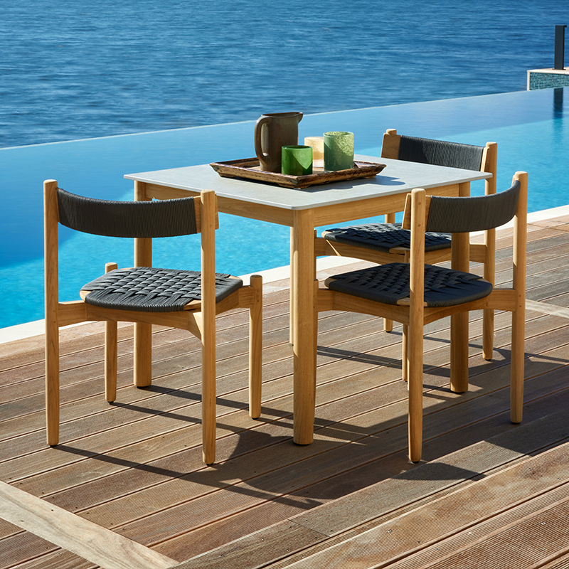 Mesa y silla de teca al aire libre, patio impermeable, protección solar, mesa y silla de comedor de madera maciza, muebles de diseño, combinación de tela de caña al aire libre