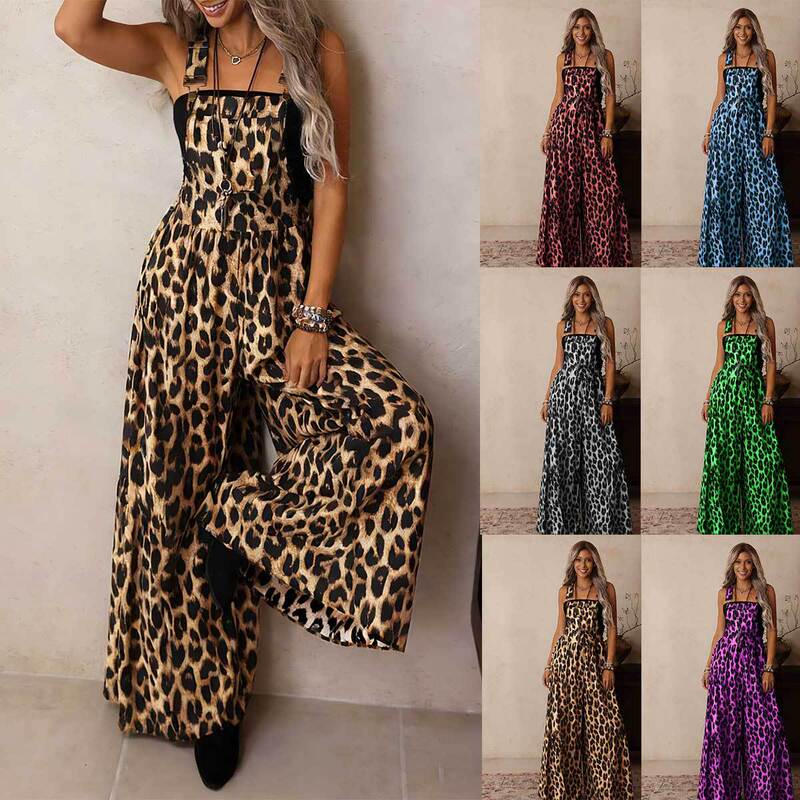Women's Jumpsuit with Retro Western Style Leopard Print, Adjustable Straps, Wide-Leg Casual Women's Wide-Leg Pants