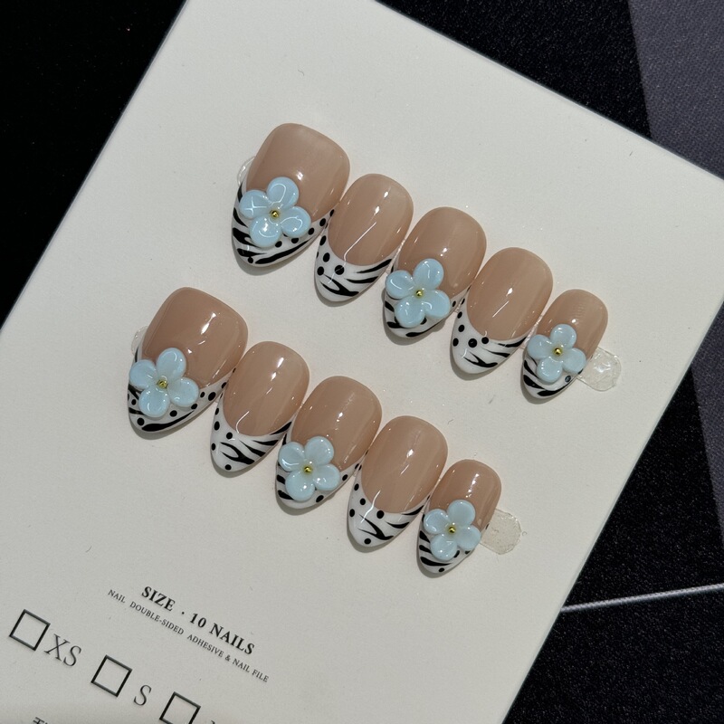 2026 Cross-Border Island Style Short Almond French Carved Nude Pink Blue Floral Zebra Pattern Handmade Wearable Nail Tips 2026 Cross-Border Island Style Short Almond French Carved Nude Pink Blue Floral Zebra Pattern Handmade Wearable Nail Tips