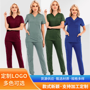 Jogging Pants New Sports Casual Jogging Pants Pure Color V Neck Short-Sleeved Flap Pocket Pants Nurse Uniform Suit