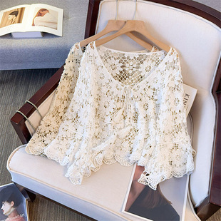 Plus Size Women's Spring New Fat mm French Retro Crochet Cut Out Knitted Cardigan Shawl Lace-Up Top