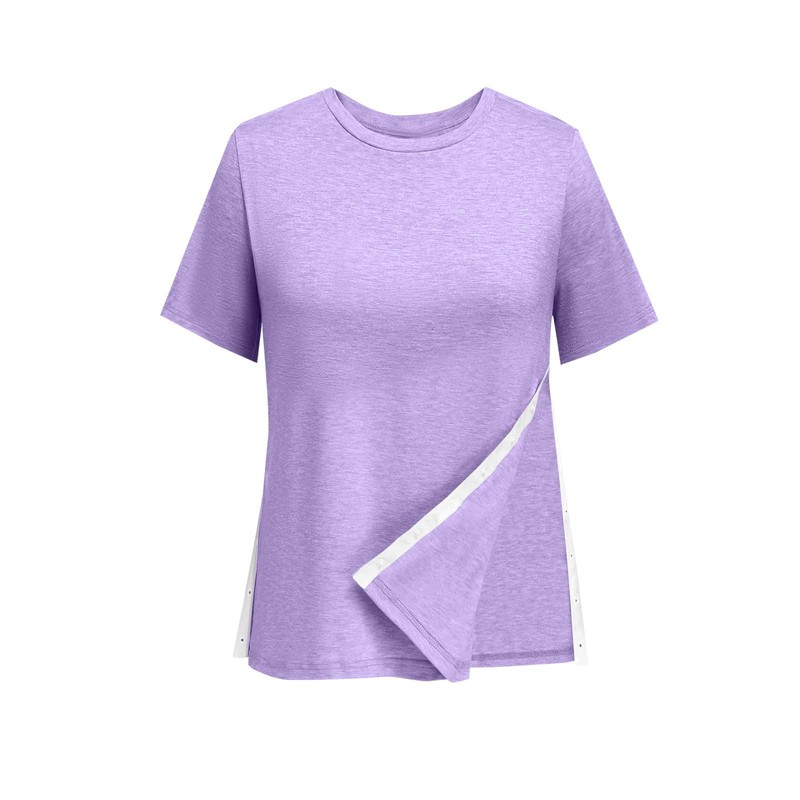 欧米のアマゾンの女性の半袖のtシャツの側の縫い目の調節のボタンの丸首のカジュアルでゆったりしている上着|undefined