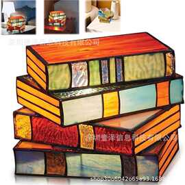 Stained Glass Stacked Books Lamp彩色玻璃堆叠书灯复古家居装饰