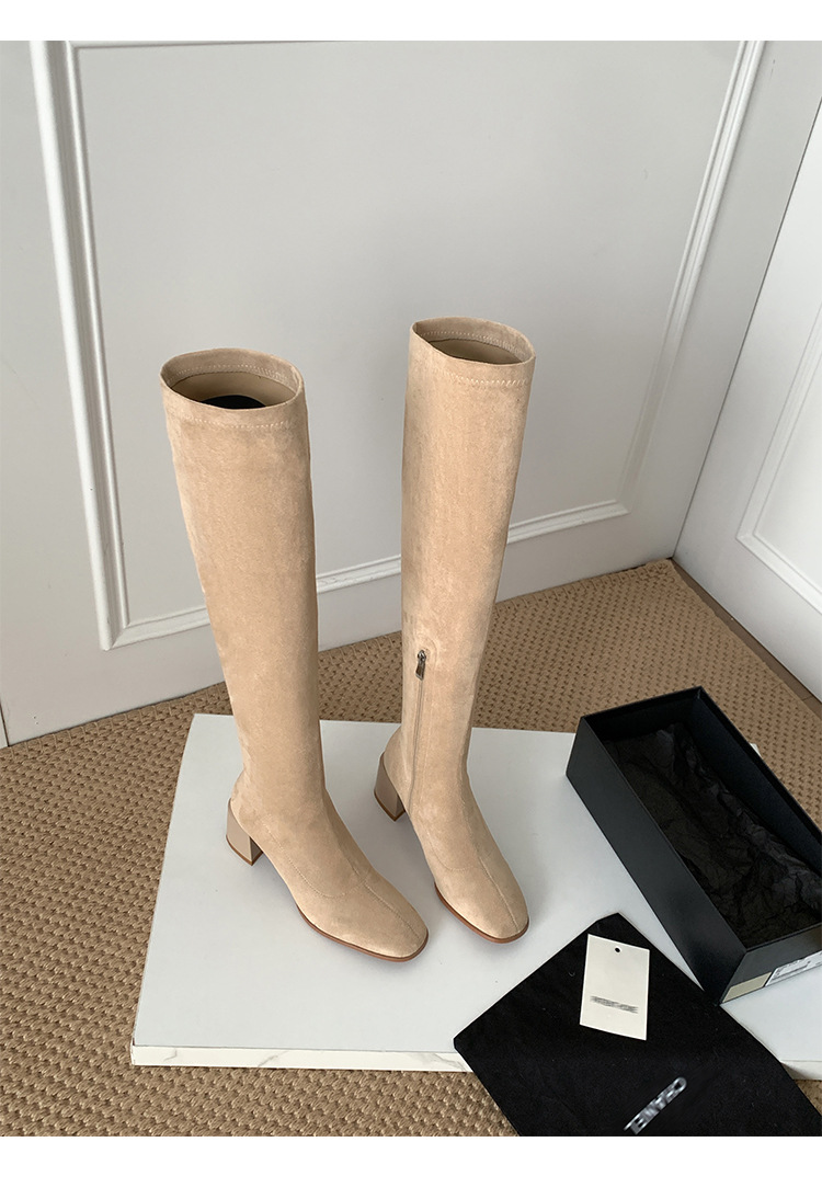 Boot nữ cổ cao ôm chân co giãn da lộn gót cao 9 cm — đen, mơ chi tiết 27