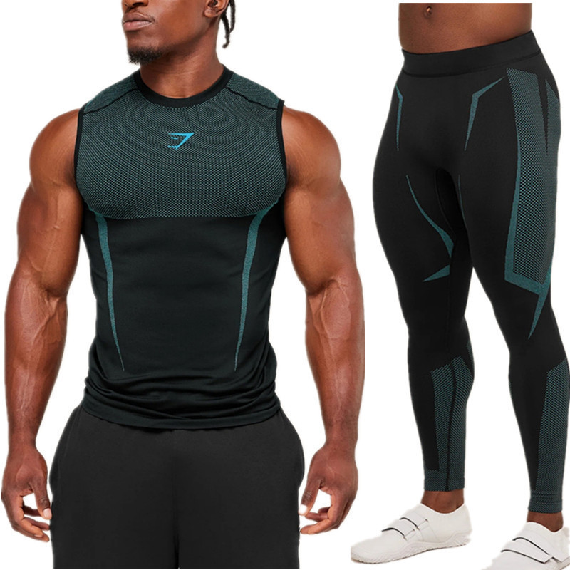 Gmy Cross-Border European and American Men's Fitness Sports Bundle Dry Suit Tight Compression Clothing Outdoor Casual Vest Pants Set