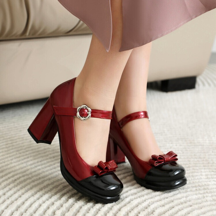 2024 spring and summer new Mary Jane high heels round bow women's shoes color matching thick heel cute sweet