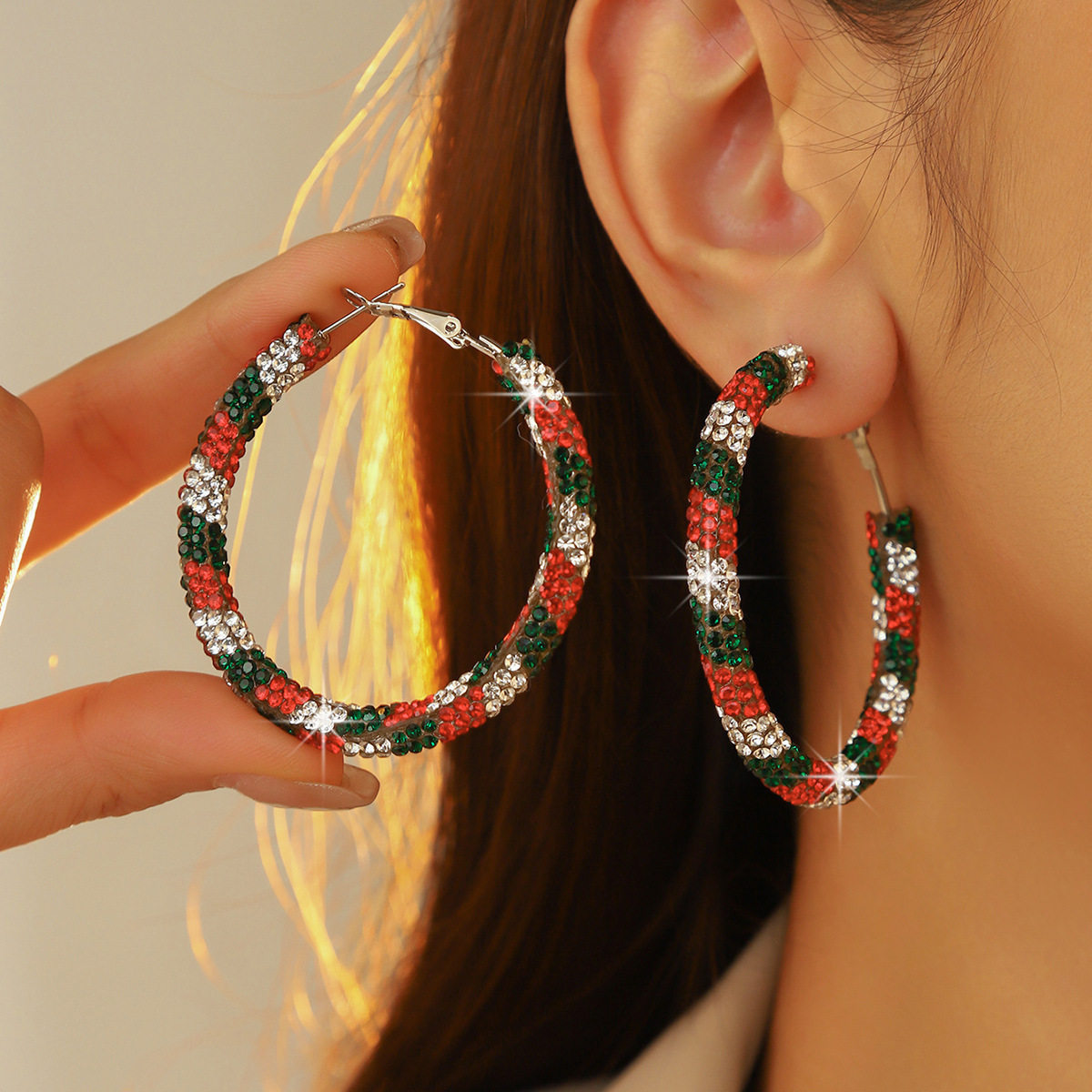 Cross-Border Supply Christmas Color Scheme Festive Atmosphere Large Hoop Glitter Shiny Red White Green Rhinestone Earrings