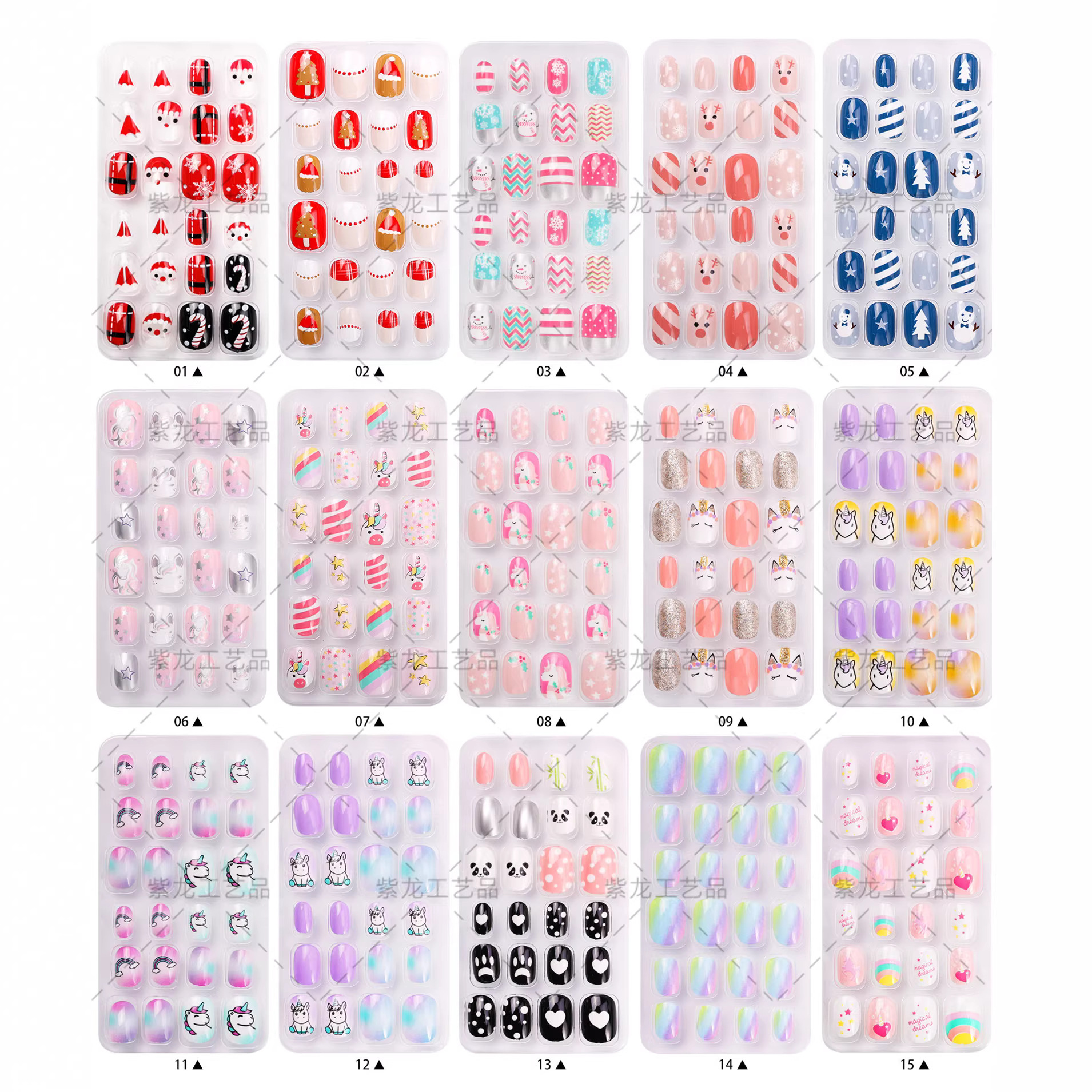 Zhifei nueva pieza de uñas terminada 24 unidades embolsado dibujos animados unicornio copo de nieve adhesivo niños usan parche de uñas pieza