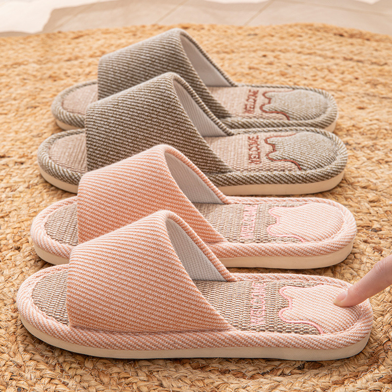 Linen Slippers Women's Breathable Indoor Home Non-slip Soft Bottom Sweat Absorbing Spring and Autumn Four Seasons Cotton Linen Cloth Shoes for Couple Men and Women