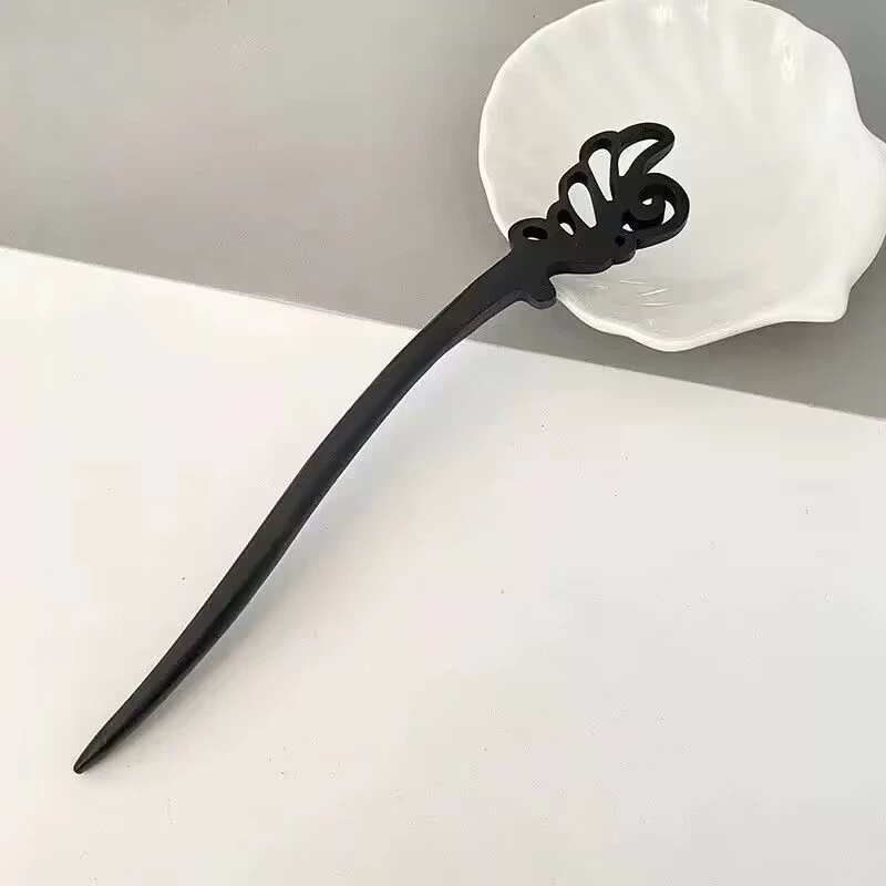 Chinese-style Hairpin, Ebony Sandalwood, 20 cm, Modern Elegant Floral Design