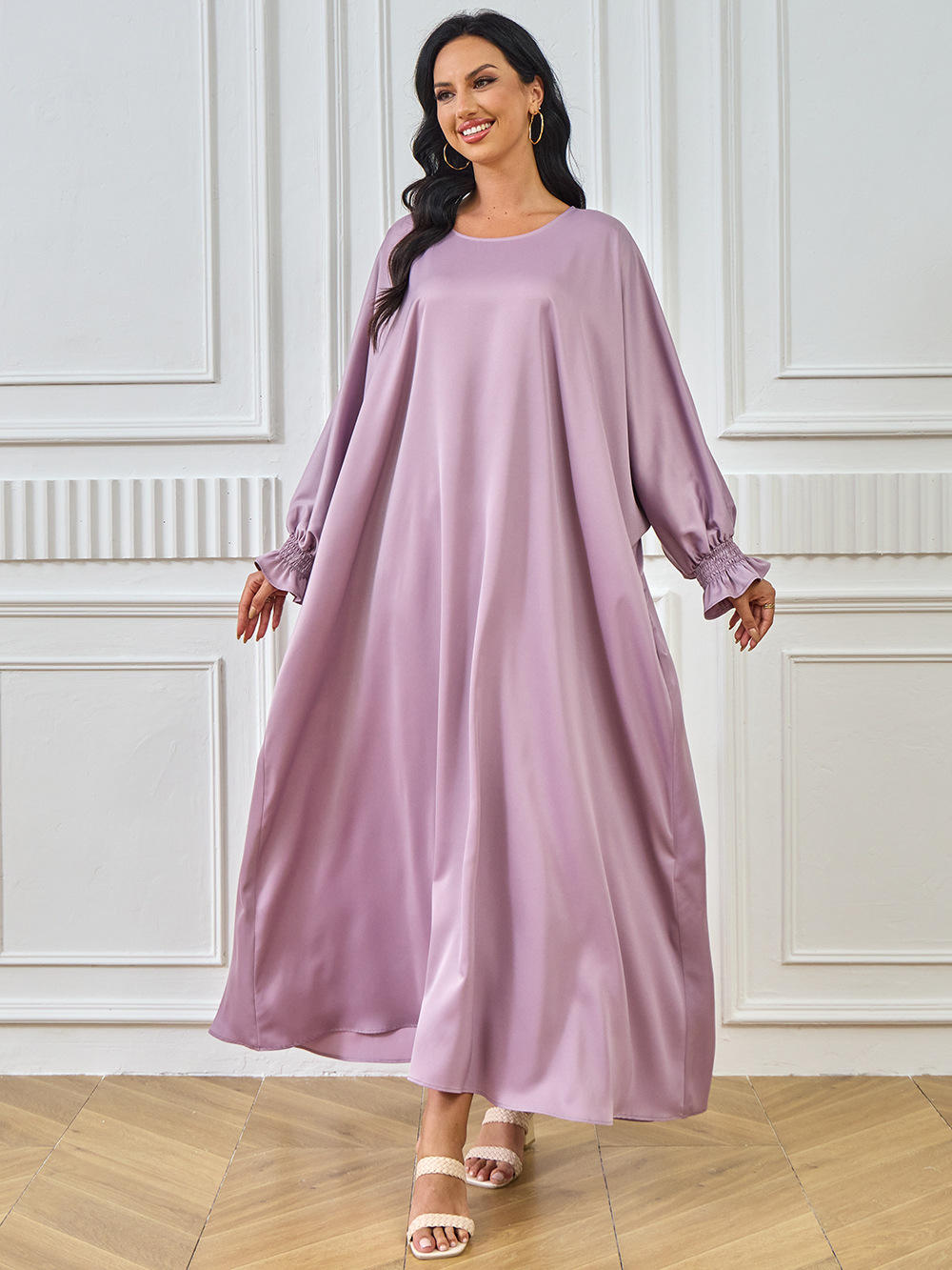 2024 New Cross-Border Abaya Dubai Muslim Middle Eastern Women's Long Robe Solid Color Dress_ecoleips.com