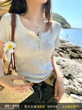 正肩t恤女夏季修身短款2025新款圆领打底衫纯色短袖显瘦上衣