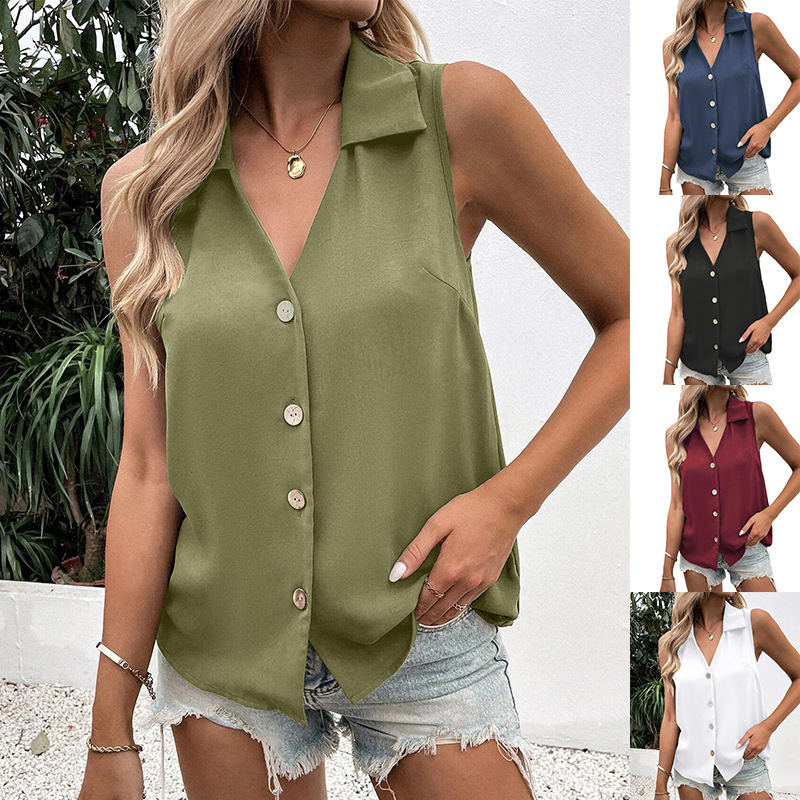 2025 European and American Cross-Border Summer New Women's Clothing Pure Color V Neck Loose Chiffon Shirt Sleeveless Twist Button Vest Shirt for Women