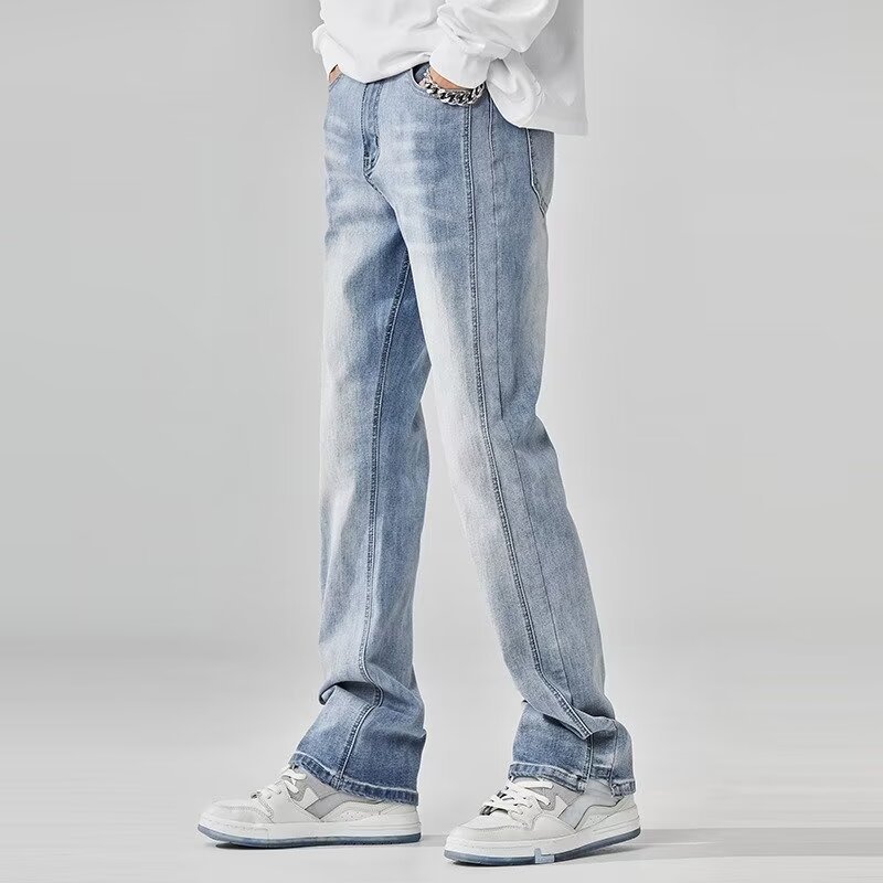 Vaqueros teñidos de barro amarillo de marca de moda retro para hombres lavados y viejos pantalones micro-lat de calle alta americana 2024