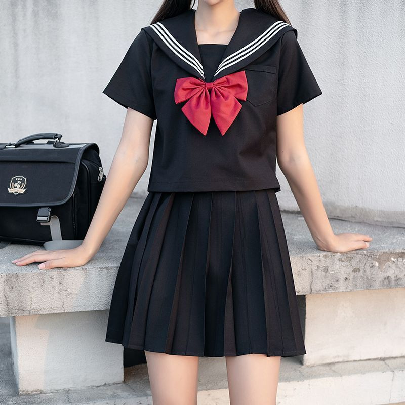 Original JK black three-panel sailor uniform basic style long skirt, authentic autumn and winter long and short sleeve plus-size set for female students