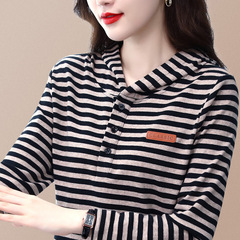 National trend retro striped buttons versatile casual hooded sweatshirt T-shirt base shirt long sleeve 2024 live new product