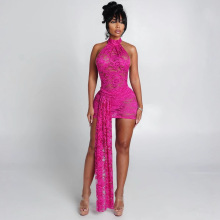 欧美新款跨境纯色蕾丝镂空修身性感飘带设计包臀无袖短裙连衣裙女