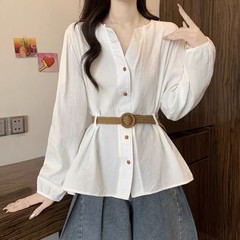 高端25秋新款韩版时尚百搭宽松显瘦V领长袖衬衫女休闲上衣配腰带