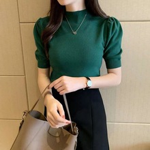 泡泡袖半高领打底衫女秋冬内搭针织衫短袖毛衣纯色通勤上衣修身