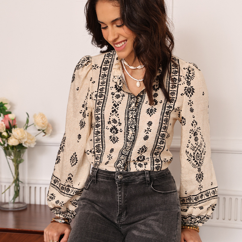 Amazon Europa y Estados Unidos otoño bohemia impresión francesa camisa de mujer cuello de hormigueo comercio exterior transfronterizo ropa de mujer image 4