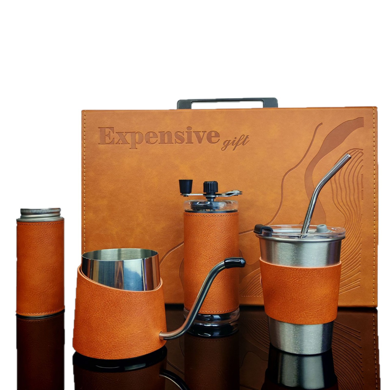 Conjunto de café de cuero de alta calidad, caja de regalo, taza de café, caja de regalo de negocios, molinadora de frijoles de mano