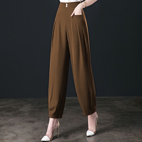 Large size loose Lisse diagonal fabric summer thin cropped pants, high waist casual wide-leg pendant bloomers for women