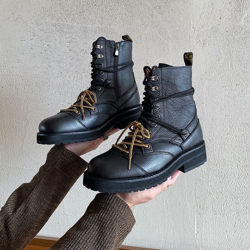 First-Layer Cowhide Genuine Leather Round-Toe Thick-Heeled Lace-Up Martin Boots High-Heeled Waterproof Thick-Soled Short Boots Retro Soft Leather Boots