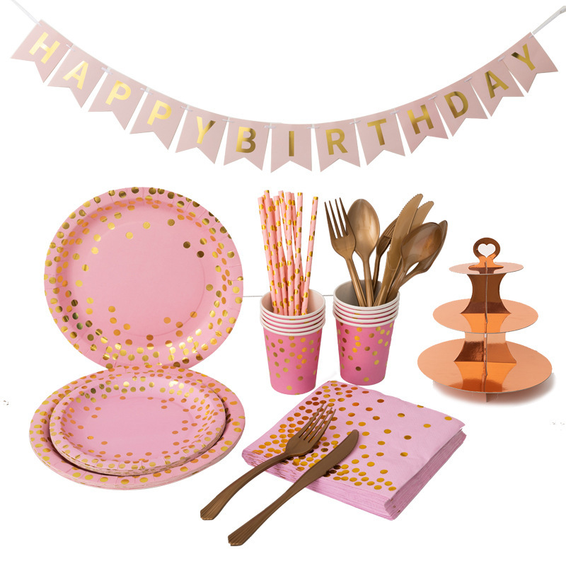 Amazon bronzing small polka dot pink tableware set paper cup paper plate paper towel knife fork spoon disposable party decoration Amazon bronzing small polka dot pink tableware set paper cup paper plate paper towel knife fork spoon disposable party decoration